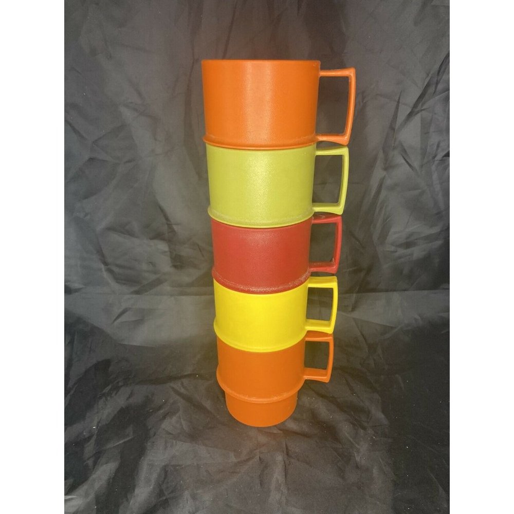 5 VTG TUPPERWARE HARVEST Orange Cranberry Green STACKABLE COFFEE MUGS CUPS 1312